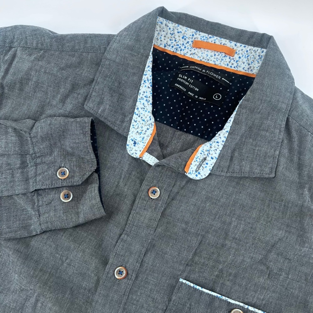 Denim & Flower Button Down Mens Large Gray Slim Fit Premium Cotton Floral Trim
